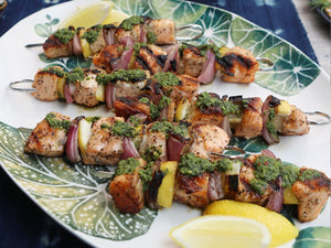 Moroccan spiced salmon kebabs & vegetable skewers